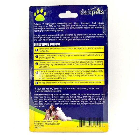 DakPets DeShedding & Light Trimming Tool Dogs & Cats Reduce Fur Shedding 4" New - Picture 2 of 7